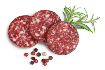 Smoked sausage salami slices isolated on white background with clipping path and full depth of field. Top view. Flat lay