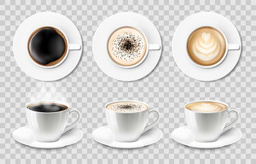 3d realistic vector isolated white ceramic coffee cups with saucer, top and side view, cappuccino, americano, espresso, mocha, latte, cocoa. Set of coffee cups or mug on a transparent background