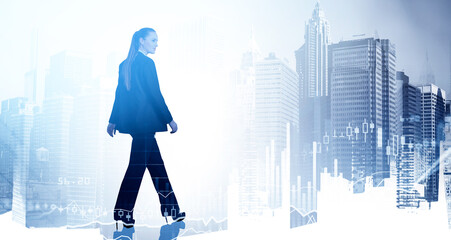 Businesswoman boss in suit walking, graph changes and skyscrapers