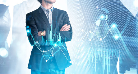 Businessman boss in suit with arms crossed, graph changes and skyscrapers