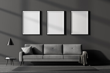 Living room interior with three empty white posters on wall, grey sofa concrete floor, coffee...