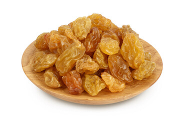 Yellow raisins in wooden bowl isolated on white background with clipping path and full depth of field