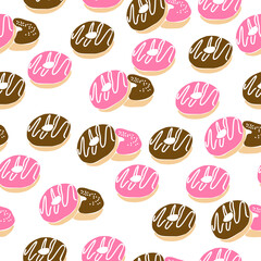 Bright pink and chocolate donuts seamless pattern on white background vector illustration