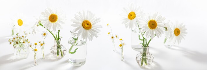 Beautiful chamomiles flowers in glass vases on white table. Floral composition in home interior. Spring and summer festive background with daisy flowers