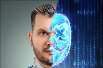 The man's face is half hidden behind a digital hologram mask with crosses over his eyes, hacker. Concept for internet crime, fraud, cyber attack, spam, electronic theft.