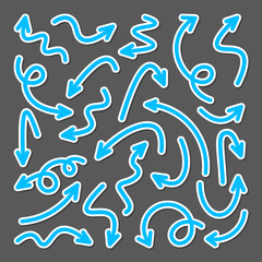 Colorful hand drawn arrow stickers set. Blue pointers collection. Simple arrows in different shapes. Direction signs. Vector illustration.