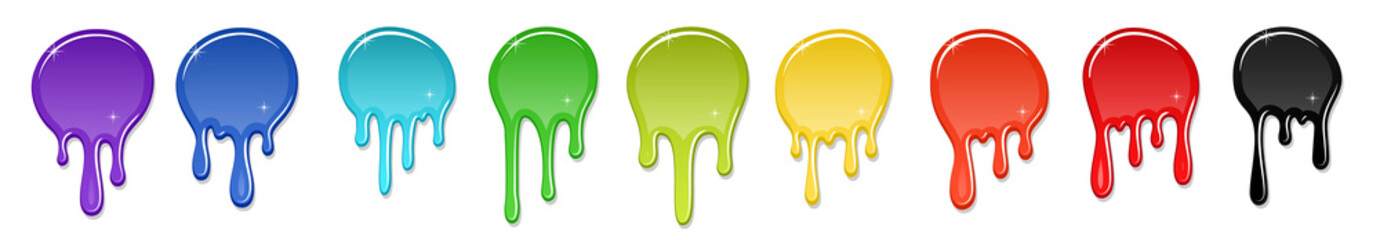 Drip paint spot 3D set isolated white background. Rainbow blob ink splash. Splatter stain texture. Dribble down design. Flow art material. Liquid drop. Fluid color stain liquid Vector illustration