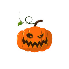 Halloween pumpkin icon 3D. Autumn symbol. Cartoon horror design. Halloween scary pumpkin face, smile, leaf. Orange squash silhouette isolated white background. Harvest celebration Vector llustration