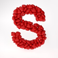 Red 3d english letter made of red hearts. English alphabet 3d rendering for valentine's day.