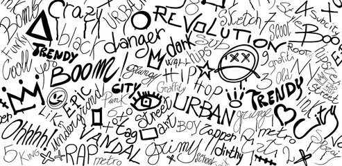 Graffiti symbol writing spray-ink-tag-splash-scribble. Street art. Modern hand draw grafiti style. Dirty artistic design elements and words. Underground. Grunge vector illustration
