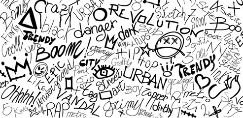 Fototapeten Graffiti symbol writing spray-ink-tag-splash-scribble. Street art. Modern hand draw grafiti style. Dirty artistic design elements and words. Underground. Grunge vector illustration © melita