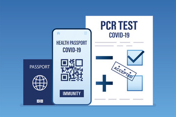 Foreign and health passports. Negative PCR test for coronavirus. Stamp on paper - accepted. New normal for trips, communication. Control technology.