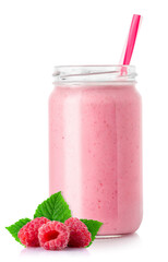raspberry smoothie with straw in jar isolated on white