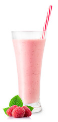 raspberry smoothie with straw in glass isolated on white
