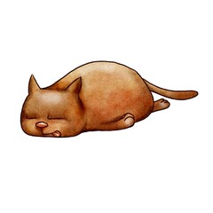 Watercolor Gourmand Cat, cat glutton, fat cat art, cat charm, ginger cat, tired cat, sleeping cat, pussy, pet.
