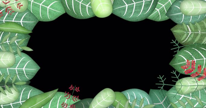 Stylized picture frame made of animated leaves. An endlessly looped vegetable border with a blank space for text or information. Floral pattern with transparent background.