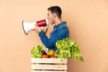 Farmer with freshly picked vegetables in a box isolated on beige background shouting through a...