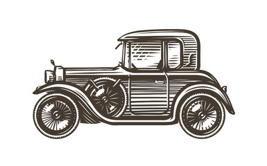 Retro car drawing in sketch style, side view. Vintage transport vector illustration