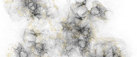 Abstract alcohol ink texture background with fluid art and gold elements, hand painted with golden glitter on the top, black and white marble effect