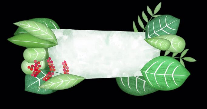 Stylized lower third made of animated leaves. An endlessly looped vegetable underlay with a blank space for text or information. Floral text plate with transparent background.