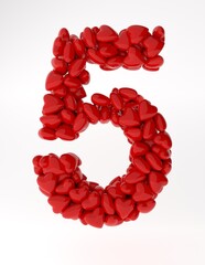 Red 3d number 5 made of red hearts. 3d rendering numbers for valentine's day.