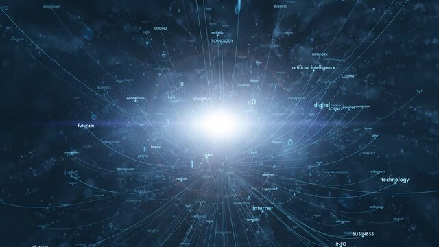 Shining futuristic technology network word cloud space background animation.