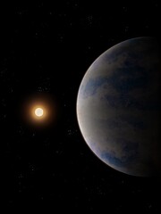 terrestrial exoplanet, earth-like planet orbiting stars, space background 3d illustration