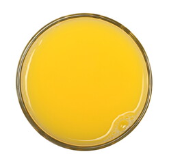 Orange juice in glass isolated on white background, top view