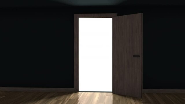 Door opening in a dark room with bright light. Finding a new solution and opportunity concept. 3d animation 4k