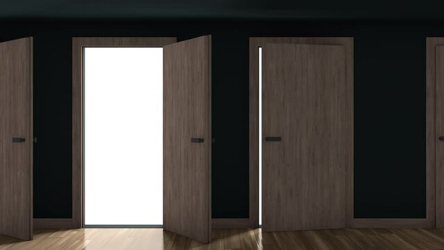 Doors opening one after another in a dark room with bright light. Choosing the right solution and a new opportunity concept. 3d animation 4k
