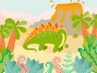 Obraz premium Set of cute dinosaurs on the background of nature in cartoon style. Bright childish drawing with animals. Vector illustration isolated on white background.