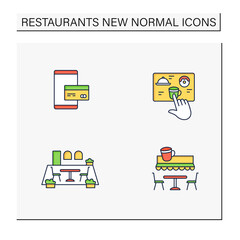 Restaurant new normal color icons set.Digital payment, patio dining, contactless ordering, terrace cafe. Regulation through covid19.New rules concept. Isolated vector illustrations