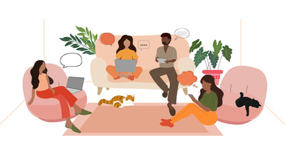 people talking with friend on sofa in room, relax time or free time by has a black cat and orange cat. - obrazy, fototapety, plakaty