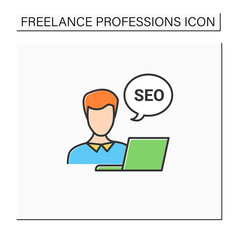SEO specialist color icon. Search engine optimization specialist. Performs internal, external site optimization.Workplace. Freelance professions concept. Isolated vector illustration