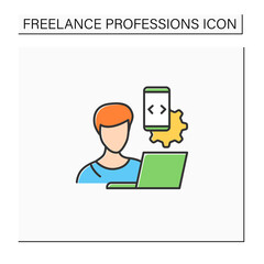 Mobile app developer color icon.Making software for smartphones.Development mobile application. Workplace. Freelance professions concept. Isolated vector illustration