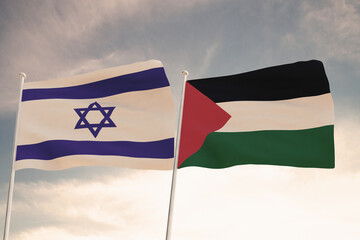 Flags of Israel and Palestine waving with cloudy blue sky background, 3D redering.