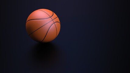 3D rendering. A basketball on a dark background. A soft shadow in the reflection. Team sports game with a ball. Free space for insertion. 3D illustration.