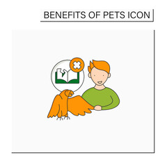 Pets benefits color icon. Parrot help boy with learning disorders. Nonverbal cues to communicate. Animal caring concept. Isolated vector illustration