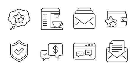 Ranking stars, Mail and Loyalty program line icons set. Browser window, Confirmed and Coffee machine signs. Payment received, Mail correspondence symbols. Quality line icons. Vector