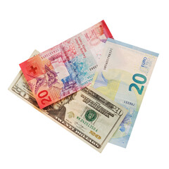 US dollar Swiss franc and euro banknotes on white