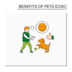 Pets benefits color icon. Dog play with boy. Positive emotions. Learn responsibility, compassion, empathy. Animal caring concept. Isolated vector illustration
