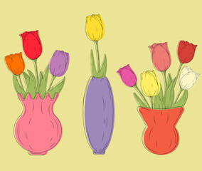 Set of 3 vases with beautiful tulips. Vector illustration