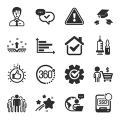 Set of Business icons, such as Cogwheel, Recovery ssd, Buyer symbols. Horizontal chart, Medical vaccination, Throw hats signs. Clean skin, 360 degrees, Businessman person. Like hand, Group. Vector