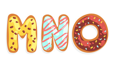 MNO Cookie Alphabet Letters, Sweet Glazed Baking Biscuit Font Cartoon Vector Illustration