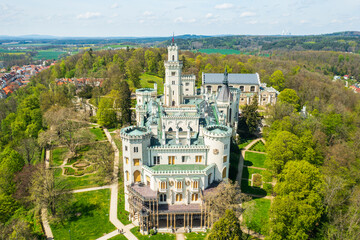Fototapeta na wymiar Aerial view on the castle in Hluboka nad Vltavou, historic chateau with beautiful gardens near Ceske Budejovice, Czech Republic