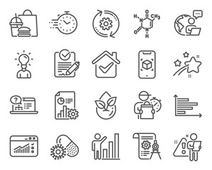 Science icons set. Included icon as Rfp, Education, Cogwheel signs. Coronavirus pills, Report, Graph chart symbols. Organic product, Chemical formula, Augmented reality. Web traffic, Timer. Vector