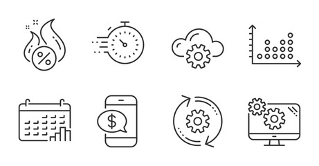 Fototapeta premium Timer, Calendar graph and Dot plot line icons set. Cloud computing, Cogwheel and Settings signs. Phone payment, Hot loan symbols. Deadline management, Annual report, Presentation graph. Vector