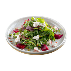 Isolated plate of beetroot salad with feta cheese and greens