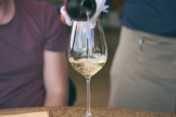 Man pouring wine into glass in a restaurant. Waiter serving drink. Wine tasting concepts.