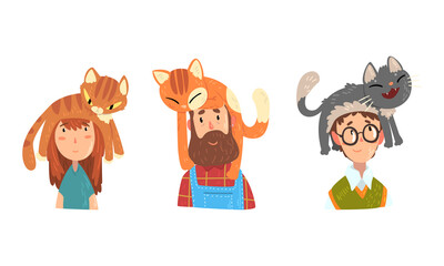 Happy People with Cute Cats Sitting on their Heads Set, Cheerful Owners with Adorable Pets Cartoon Vector Illustration